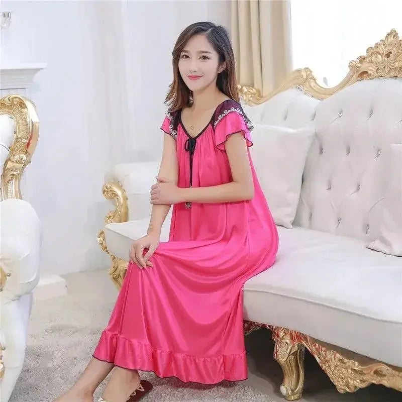 Long Ice Silk Sleep Dress Short Sleeve Women's Nightgown Home Clothes plus Size Simulated Silk Summer Sleepwear Robe