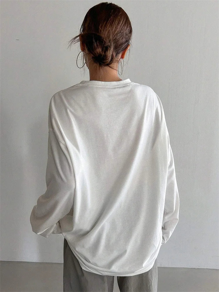Women Basic Long Sleeve Loose O-neck T-shirt Autumn Winter Solid Color Tee Top Streetwear