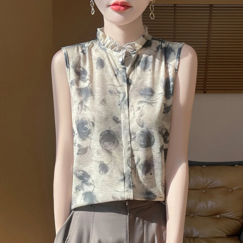 2025 New Chinese Sleeveless Shirt Lace Collar Knit Base Shirt Ink Painting National Style Fashion Western Style Blouse RW M13