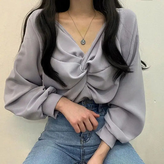 Korean Sle Pleated V-Ne Long Sve irt Women's Spring Autumn New Design Sensation Small ence Age Reduction Top