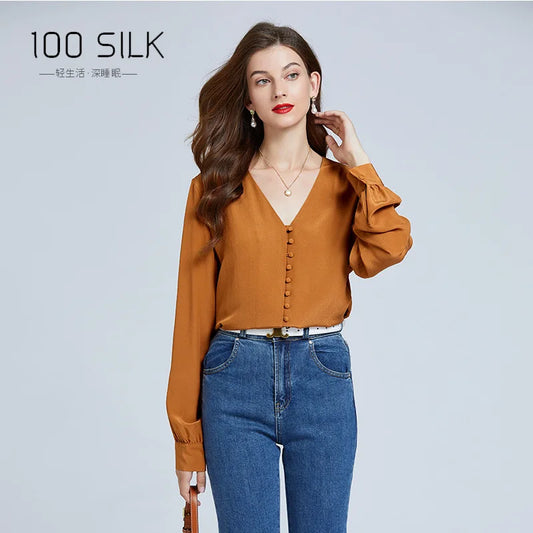 Spring and Autumn New 100% Mulberry Silk Shirt Double Crepe Office Lady Work Shirt Long Sleeve Heavy 18mm Silk Shirt Women