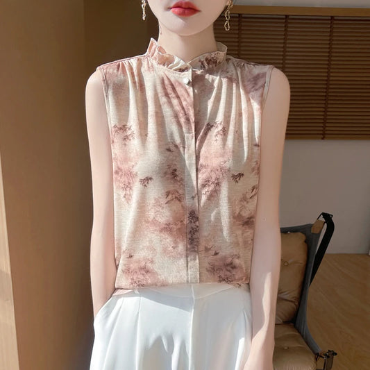 2025 New Chinese Sleeveless Shirt Lace Collar Knit Base Shirt Ink Painting National Style Fashion Western Style Blouse RW M13