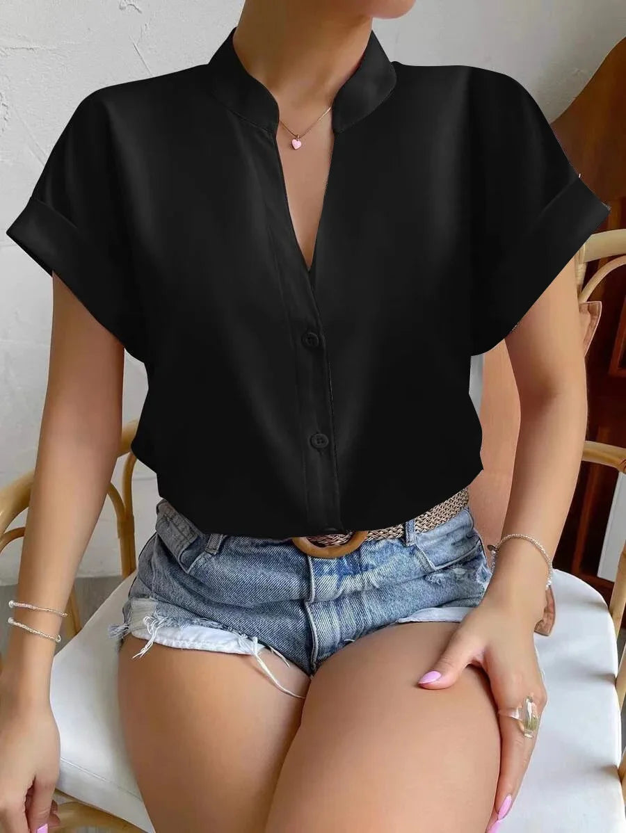 Summer New V-neck Pullover Short Sleeved Female Solid Color Casual Shirt Women's Clothing 2024 Button Office Lady Blouse Tops