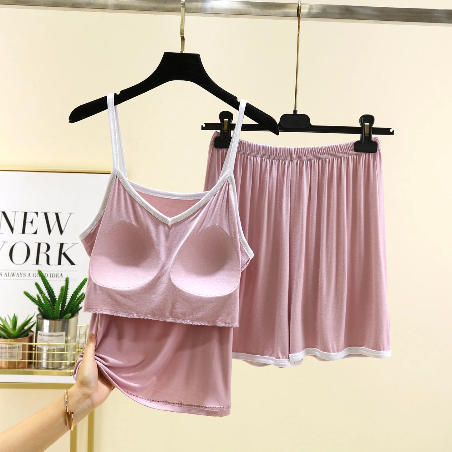 Modal Thin Women's Nightgown Set with Chest Pad V-Ne ort Pants Two-Piece Suit Home Clothes Outdoor Wear No Bra Needed