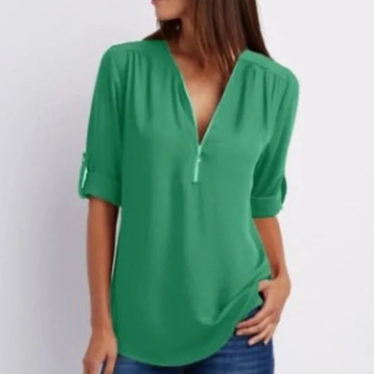 Women's Long Sleeve Chiffon Blouse V-neck Top Zipper Casual Loose Solid Casual Clothes 2025 New 25811