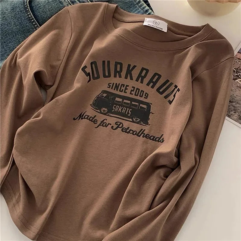 French Style InnerTop Women's Brown Long Sleeve T-Shirt Cropped Slim Fit Coffee Color Base Layer Top Autumn Crew Neck Polyester