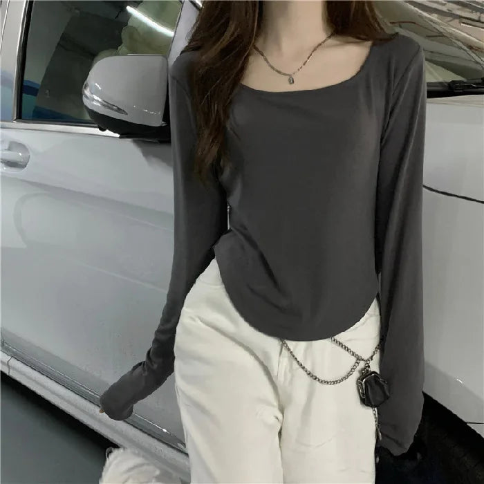 Square Neck Long Sleeve T-Shirt Women Spring  Autumn  New Irregular Hem Slim Casual Top Winter Solid Bottom Shirts New Korean