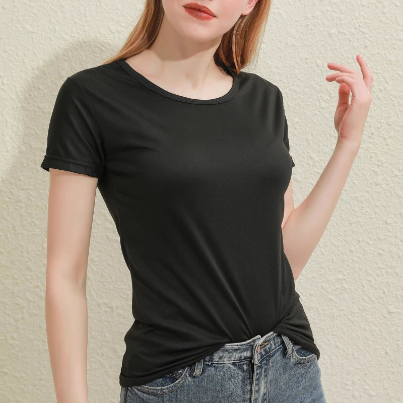 2024 Short T-Shirts Summer Women's Short Sleeve Round Neck Casual Blouse Shirts Solid Color Tops  Black / White