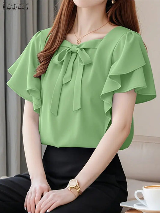 2025 ZANZEA Women Square Neck OL Work Blouse Summer Elegant Office Shirts Stylish Short Ruffled Sleeve Tunic Tops Blusas Femme