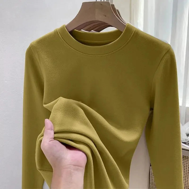 Women's Fleece Lined Long Sleeve T-Shirt Base Layer Shirt Autumn Winter New Style Slimming Versatile Inner Wear Crew Neck Top