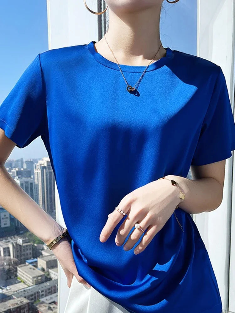 Summer T-shirts Woman O Neck Short Sleeves Tees Satin Klein Blue Champagne Solid Color Loose Women's oversized T Shirt Silk Tops