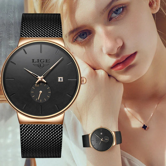 LIGE Ultra Thin Fashion Casual Ladies Watches Elegant Luxury Waterproof Business Quartz Watch for Women Gift Auto Calendar Clock