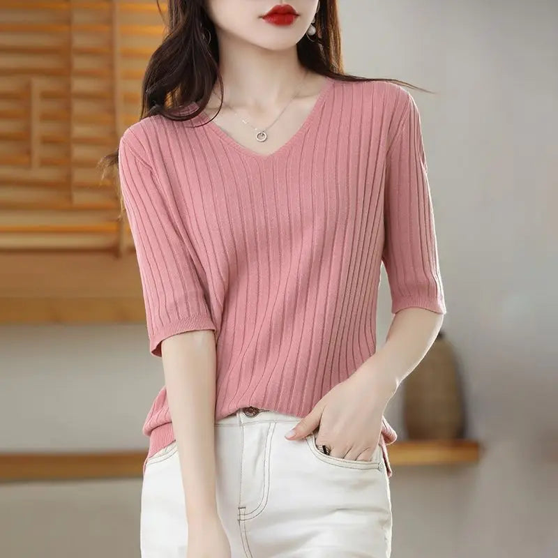 2025 New Spring Summer New Women's V-neck Short-Sleeved Exquisite Cashmere Knitted Sweater Pullover Solid Color