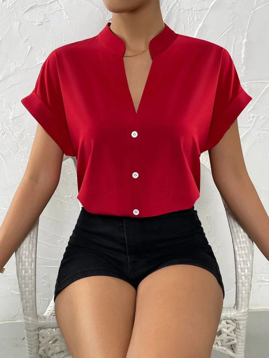 Summer New V-neck Pullover Short Sleeved Female Solid Color Casual Shirt Women's Clothing 2024 Button Office Lady Blouse Tops