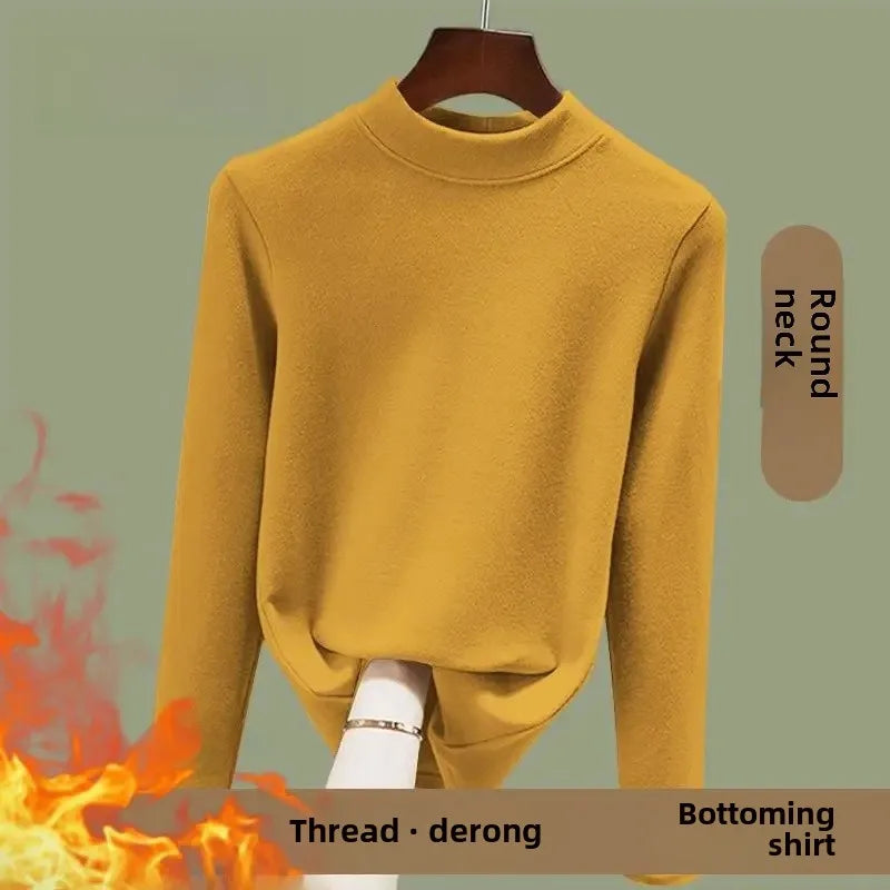 Women's Fleece Lined Long Sleeve Crew Neck Base Shirt Thermal Top Pure Color Spring Autumn Fashionable T-Shirt Polyester Fiber