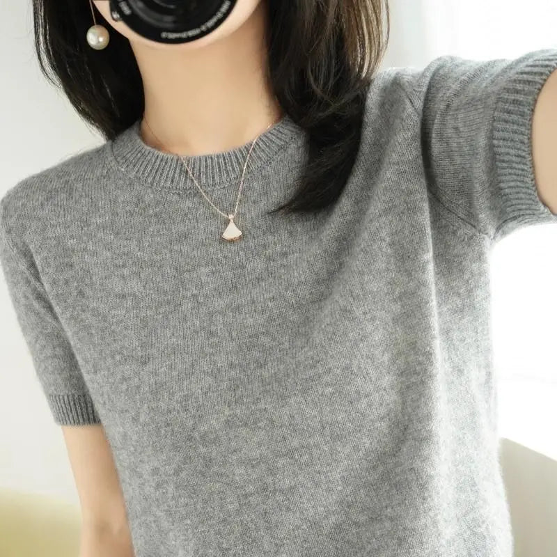 Women Clothing Elegant Fashion O-neck Half Sleeve T-shirts Spring Summer Casual All-match Solid Undershirt Office Lady Knit Tops