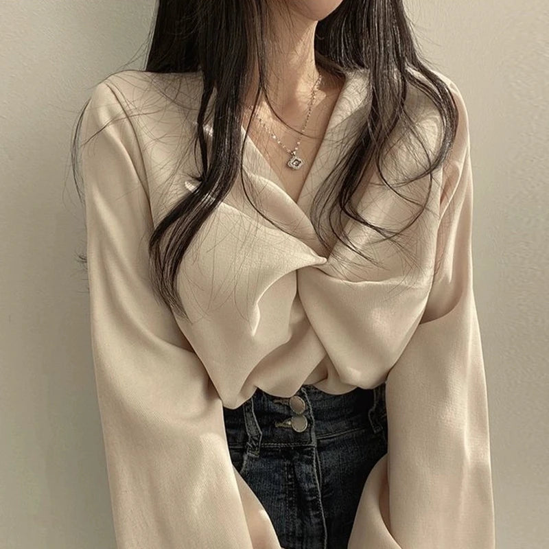 Korean Sle Pleated V-Ne Long Sve irt Women's Spring Autumn New Design Sensation Small ence Age Reduction Top