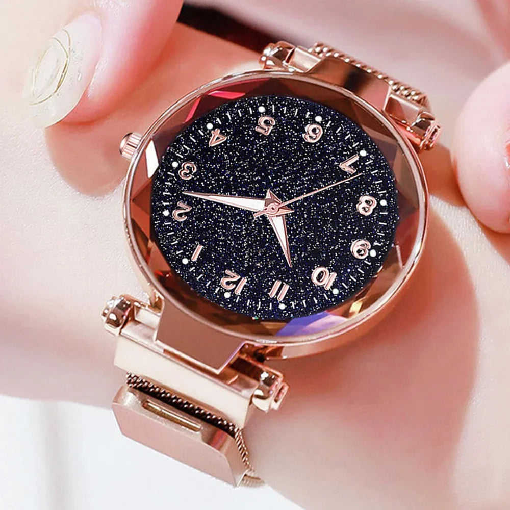 Fashionable Ladies Quartz Watch Set Simple Korean Style with Magnetic Strap Starry Sky Design Versatile Accessory for Women