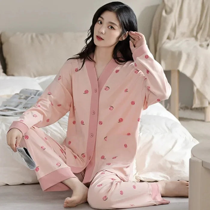 Women's Spring Autumn Long Sleeve Cotton-Like Kimono Loose-Fit V-Neck Sleepwear Sweet Home Clothes Korean Style Outer Wear