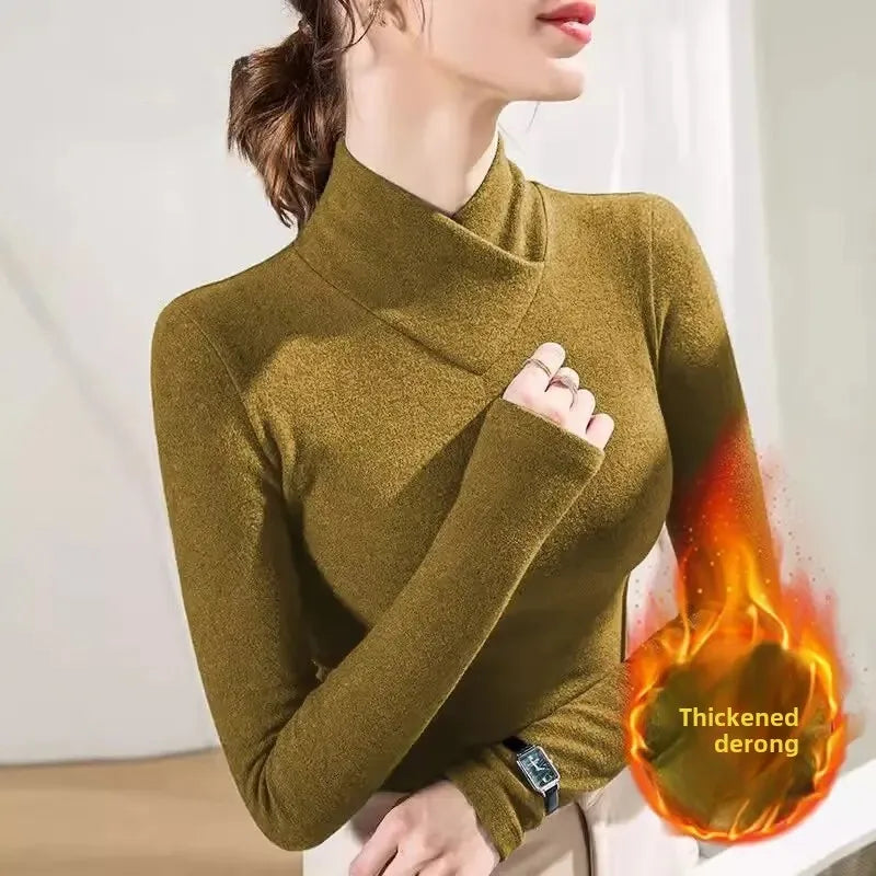 Thickened Double-Sided Fleece Base Shirt Long Sleeve High Collar Women's Autumn Winter Thermal T-Shirt Polyester Fiber Regular S