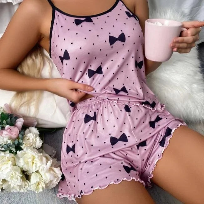 Summer Ladies Sleepwear Set Pink Heart Print round Neck Strap Top Ice Silk Comfortable Short Pants Sexy Sleepwear for Women