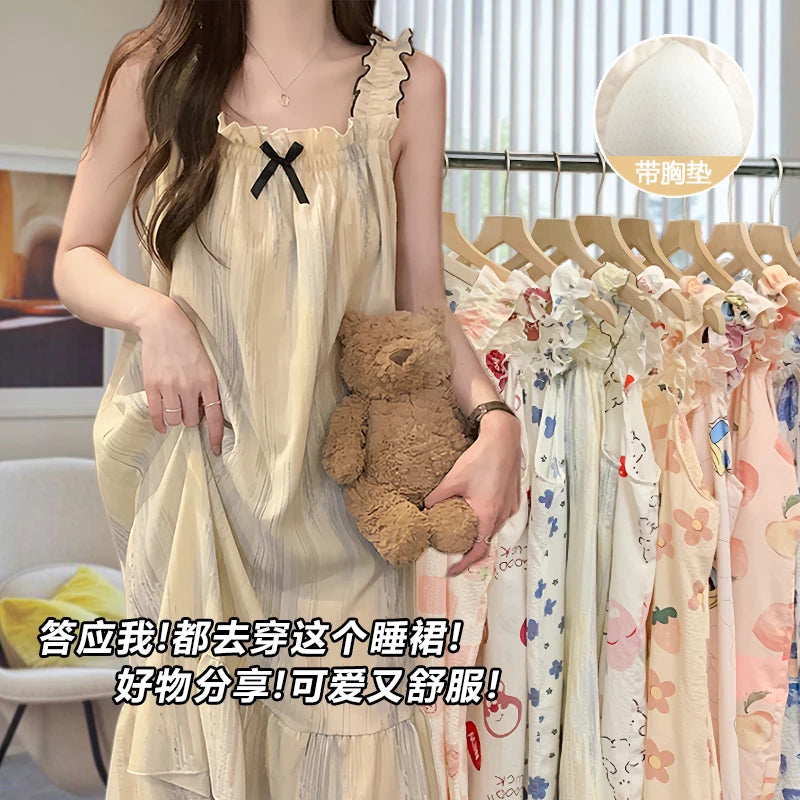 Cloud Cotton Sp Dr Women's Summer Strap Built-in Chest Pad Medium Length Thin Cute 2025 New Nightgown Home Clothes
