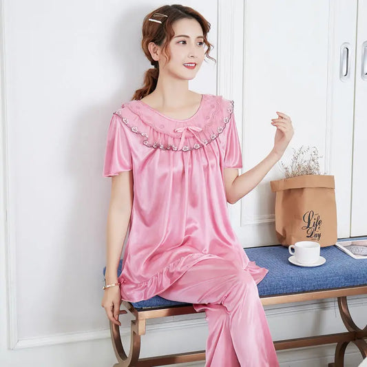 Luxury Satin Pajama Set Solid Color Short Sleeve Top And Elastic Bottom Comfortable Relaxed Fit Women's Loungewear And Sleepwear