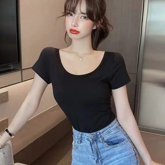 White T-shirt Women Short Sleeve U-neck Summer Low-cut Sexy Slim Top Shaping Base Shirt Comfortable Style Polyester Fabric
