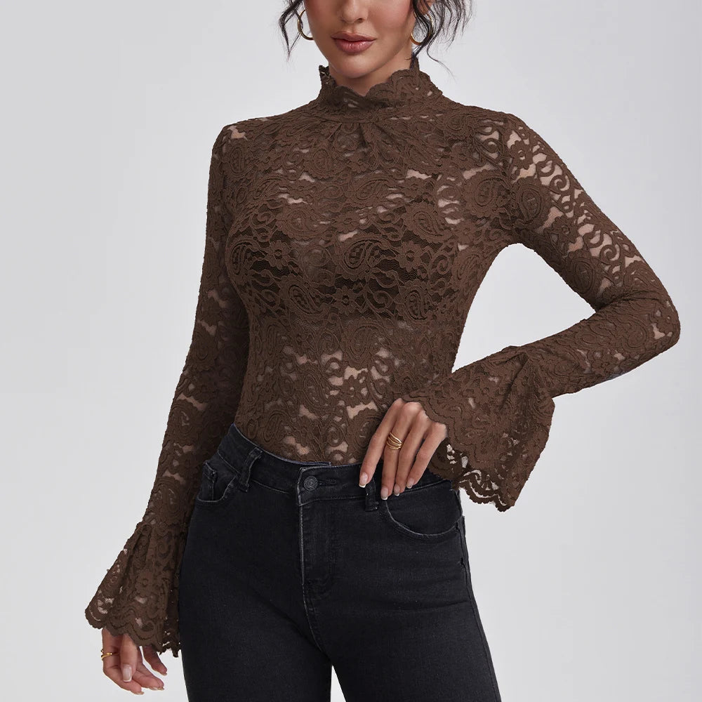 Anfilia Women Lace Shirts Turtle Neck Elegant Flare Long Sleeves Hollow Out Slim-fit Crochet Sexy Blouse