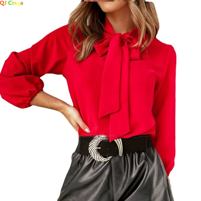 2025 Spring New Women's Stand-up Collar Long-sleeved Shirts, Fashion Office Casual Shirt, White Red Black Camisa Female Chemise