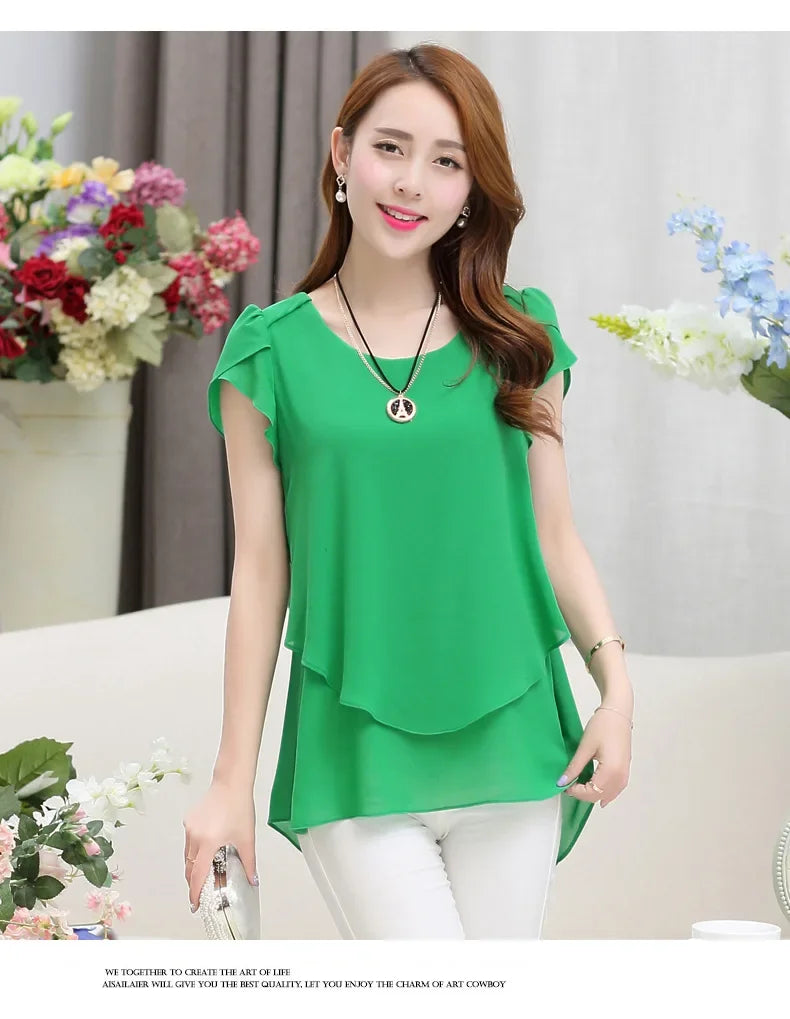 Womens Short Sleeve Chiffon Blouse Peplum Summer Tops Ladies Long Office Shirts  Ruffle Blouse Femme 4XL 5XL