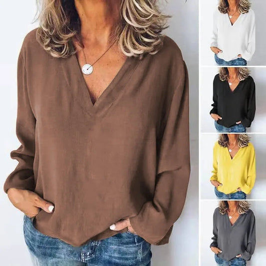 Women's Stitching Shirt Loose Stitching V-neck Long Sleeve Pullover Chiffon Shirt Fall Top Simple Elegant Street Blouse