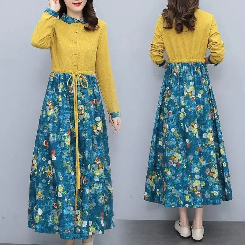 Women's Clothing Casual Printed Dresses Spring Autumn New Single-breasted Fashion Turn-down Collar Commute Drawstring Long Dress