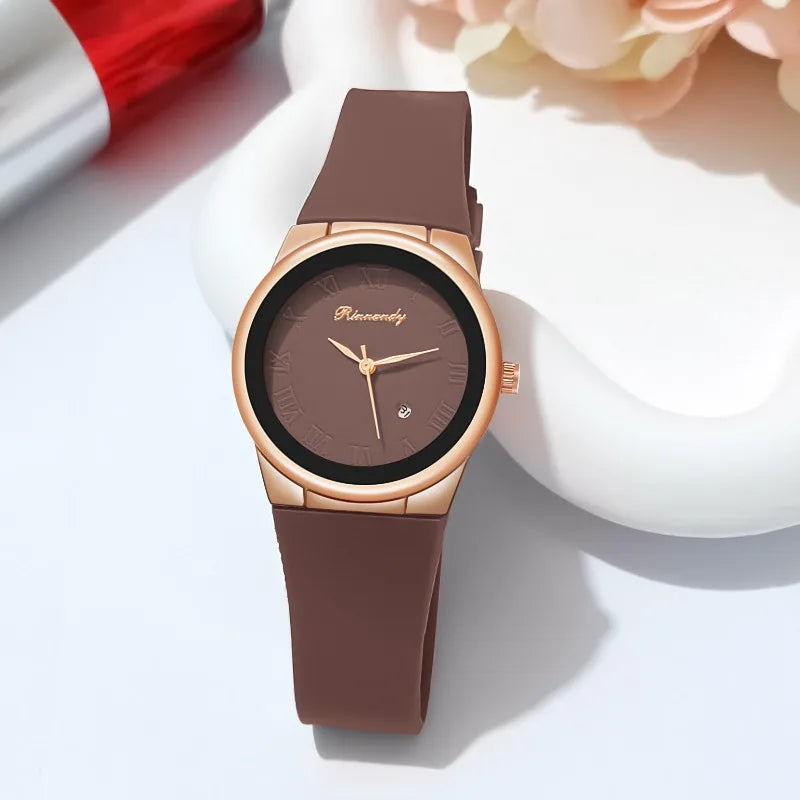 Ladies watch, simple and stylish silicone tape Roman disc with calendar quartz watch