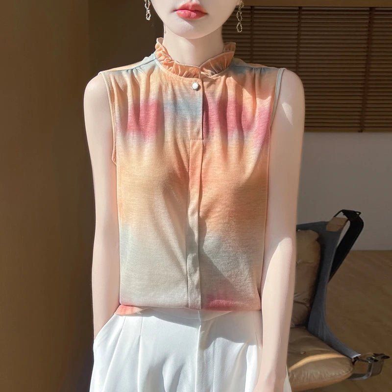 2025 New Chinese Sleeveless Shirt Lace Collar Knit Base Shirt Ink Painting National Style Fashion Western Style Blouse RW M13