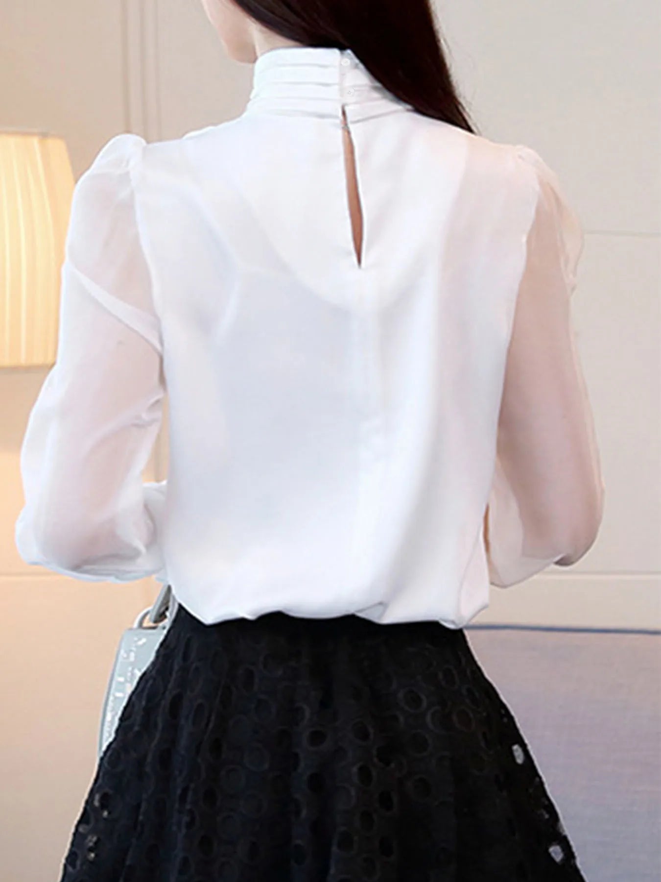 New Summer Fashion Tunic Women Blouse Shirts Long Sleeve Tie Bow Chiffon Turtleneck Formal Women White Black Shirts DF4905