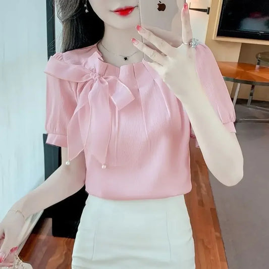 Summer New Elegant Korean Style Round Neck Ruffles Bow Short Sleeve Chiffon Blouse For Women Beautiful Sweet Little Blouse