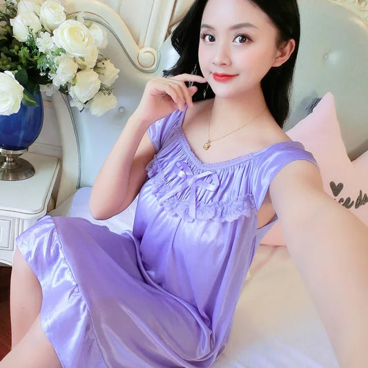 Summer Ice Silk Short Sleeve Loose plus Size Lace Nightgown Sexy Home Clothes Dress for Women Comfortable Breathable Sleepwear