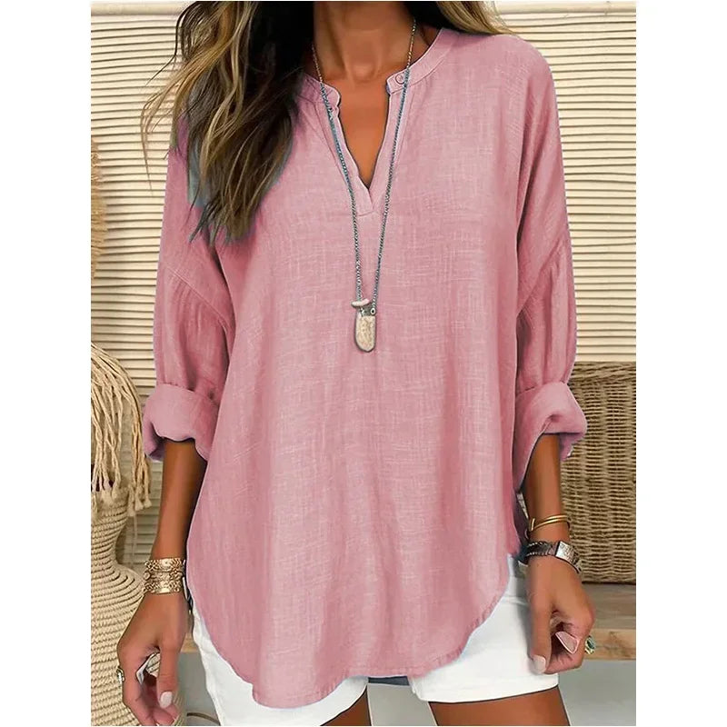 2025 Spring Cotton Linen Women Blouses White V-neck Long Sleeve Loose Shirt Female Spring Elegant Casual Trendy Ladies Clothes