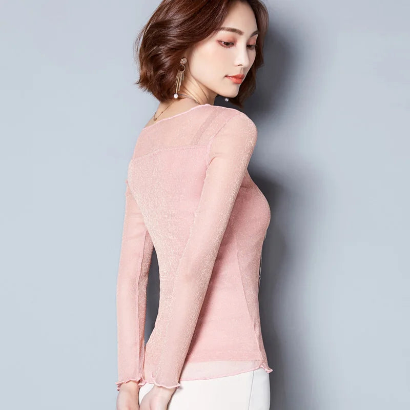 Glitter Mesh Blouse Sexy Womens Shirts Long Sleeve Tops Korean Black Pink O-Neck Elegant Slim Blouse Camisas Femininas