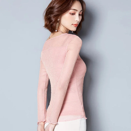 Glitter Mesh Blouse Sexy Womens Shirts Long Sleeve Tops Korean Black Pink O-Neck Elegant Slim Blouse Camisas Femininas