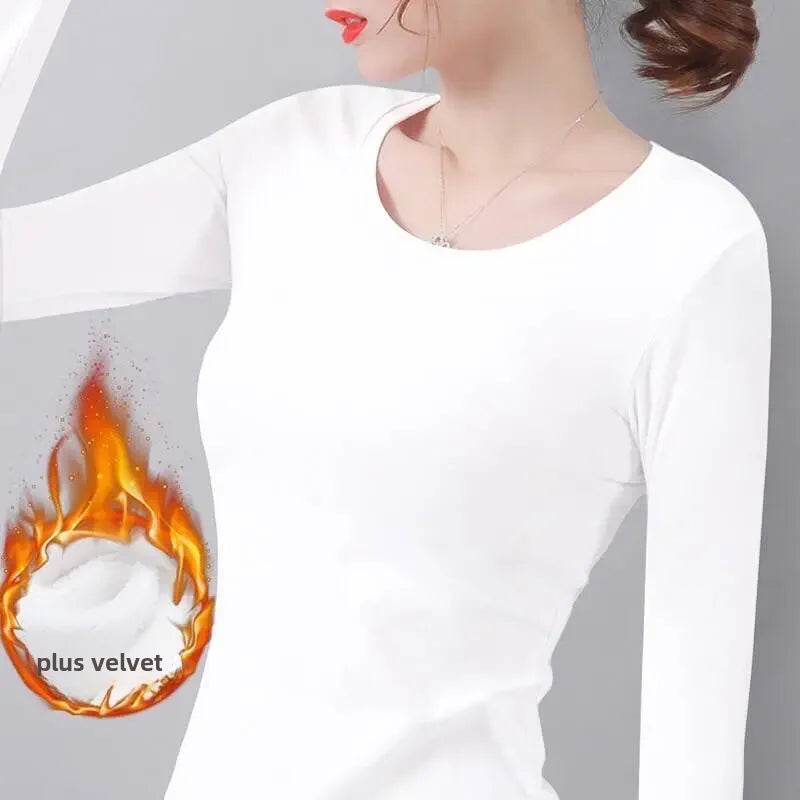 Thickened Fleece-lined Women's T-shirt Korean Style Fall/winter Warm Braised Top Crew Neck Women's Clothing