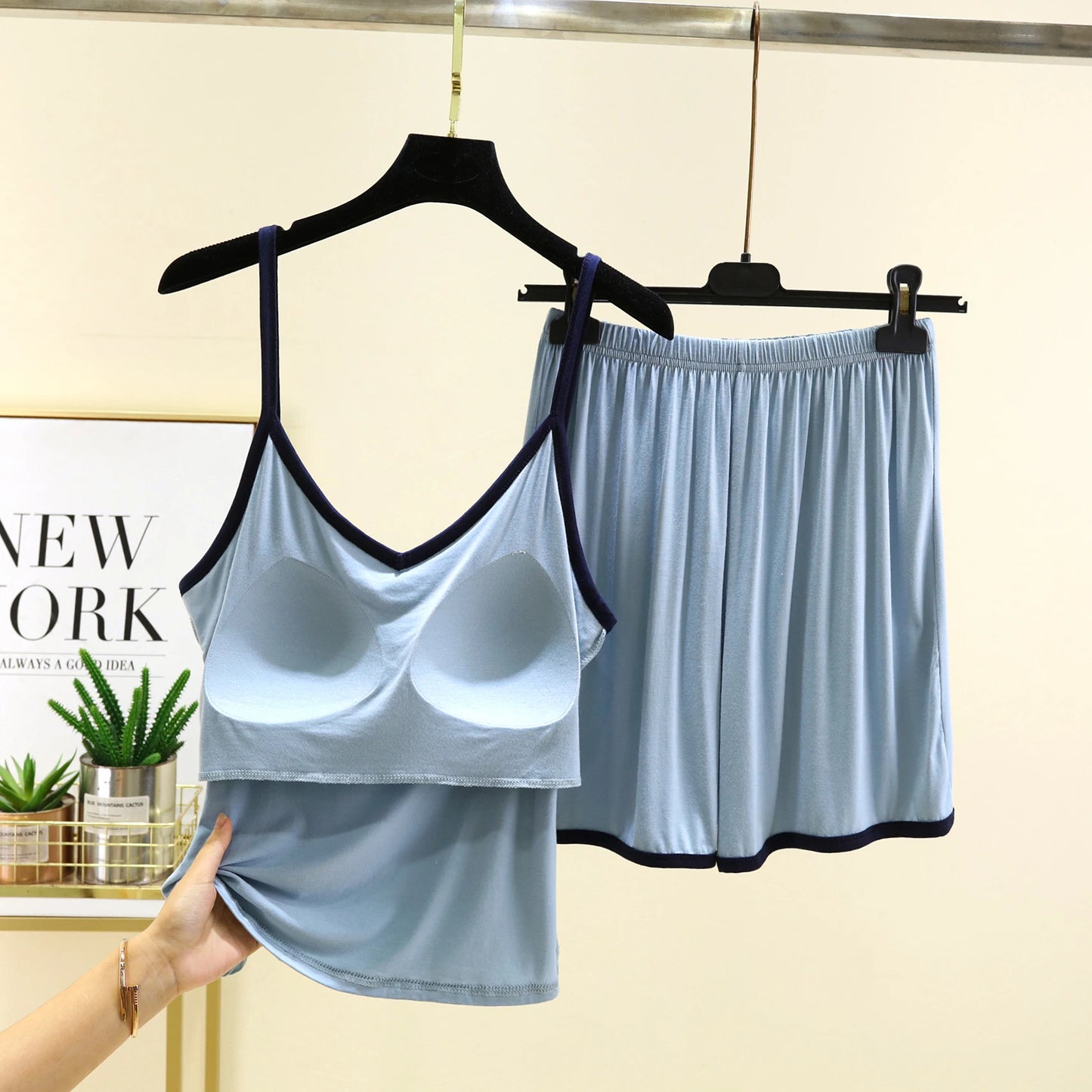 Modal Thin Women's Nightgown Set with Chest Pad V-Ne ort Pants Two-Piece Suit Home Clothes Outdoor Wear No Bra Needed