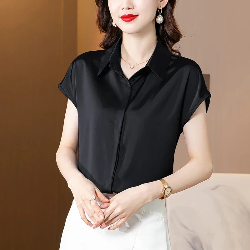 Vintage Blouse Women 2025 New Summer Satin Shirt Silk Elegant Womens Tops Short Sleeve Blouses and Shirts Fashion Women Clothing