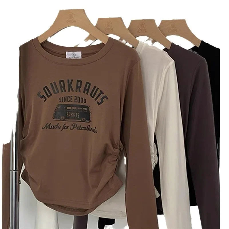 French Style InnerTop Women's Brown Long Sleeve T-Shirt Cropped Slim Fit Coffee Color Base Layer Top Autumn Crew Neck Polyester