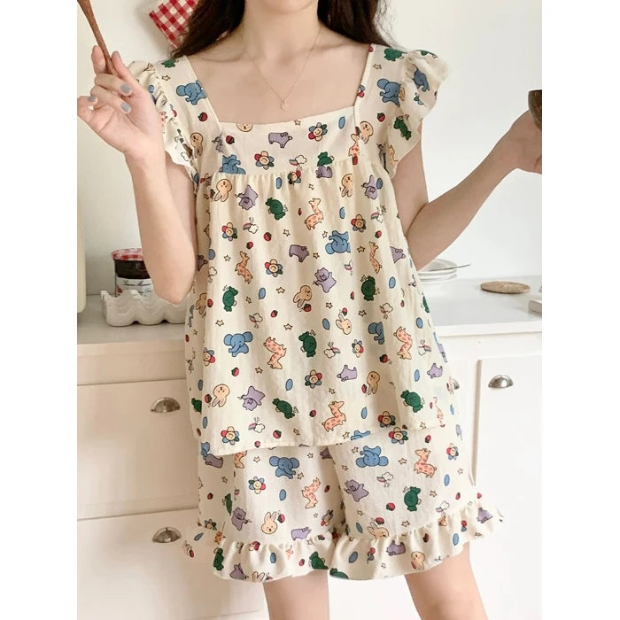 Summer Spwear Women's 2025 New Japanese Sle Fre Vest orts Woven Cotton Thin Home Clothes Set Breathable Comfortable