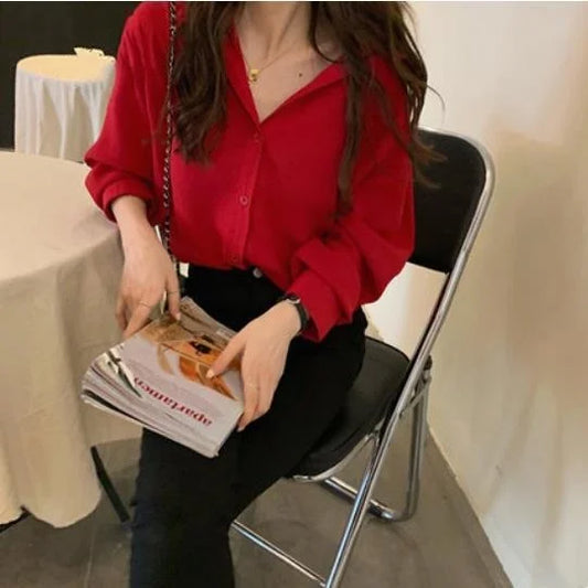 Women's Chiffon irt Long Sve Trendy Autumn plus Size Red Color 2024 New Year Faion Top  Collar Button down T-irt