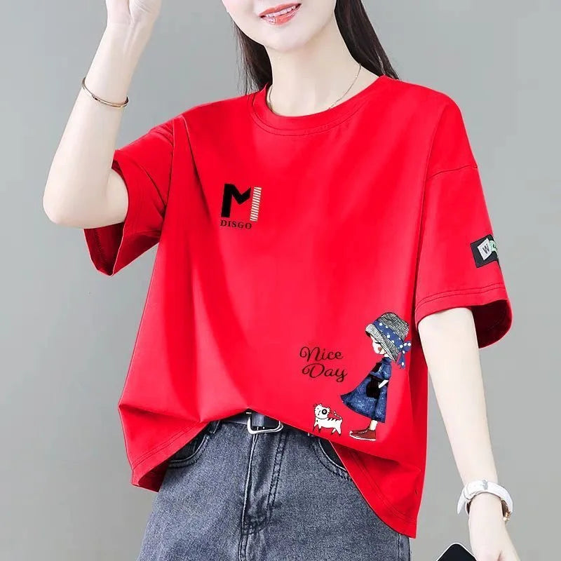 00% Pure Cotton ort Sve T-irt Women's Summer Faion Loose Sli Age-Defng Versatile Top Korean Sle Print Design