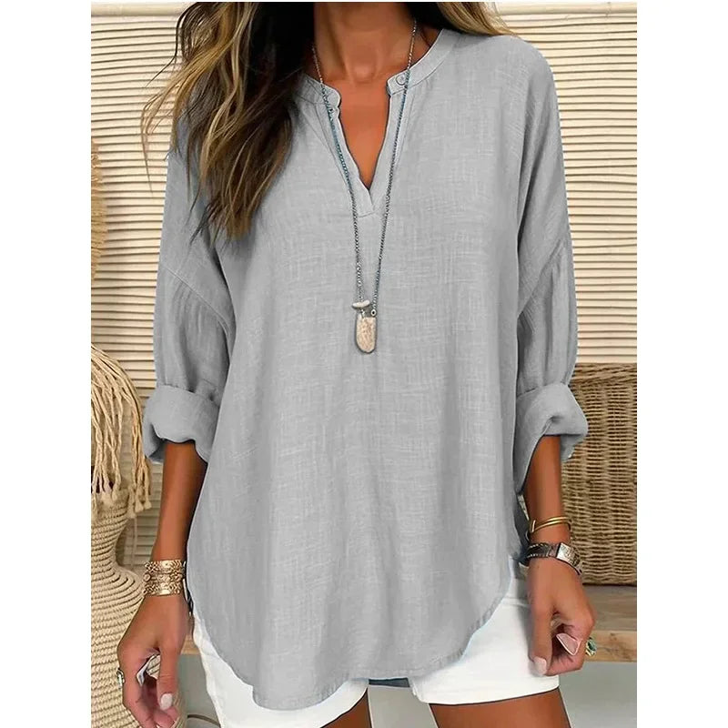2025 Spring Cotton Linen Women Blouses White V-neck Long Sleeve Loose Shirt Female Spring Elegant Casual Trendy Ladies Clothes