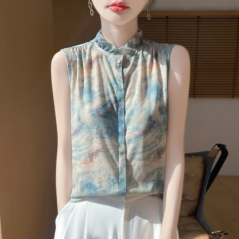2025 New Chinese Sleeveless Shirt Lace Collar Knit Base Shirt Ink Painting National Style Fashion Western Style Blouse RW M13